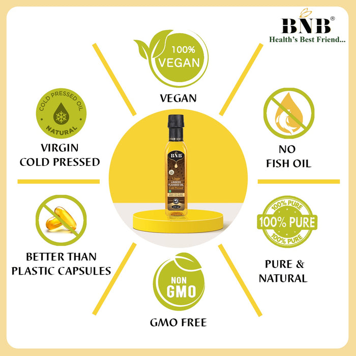 BNB Virgin Cold Pressed Pure Flaxseed Oil with Omega 3 6 9 for Eating, Skin & Hair Growth, Full in Rich Fiber, Anti-oxidant and Anti- Inflammatory Properties, Good for Weight Loss.