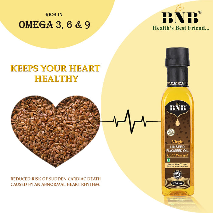 BNB Virgin Cold Pressed Pure Flaxseed Oil with Omega 3 6 9 for Eating, Skin & Hair Growth, Full in Rich Fiber, Anti-oxidant and Anti- Inflammatory Properties, Good for Weight Loss.