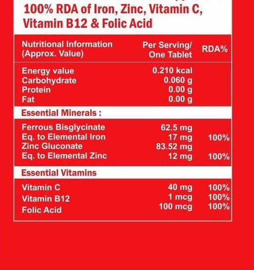 DM ElixirCare Iron Supplements with Vitamin C, B12, Folic Acid & Zinc- 60 Tablets - Local Option