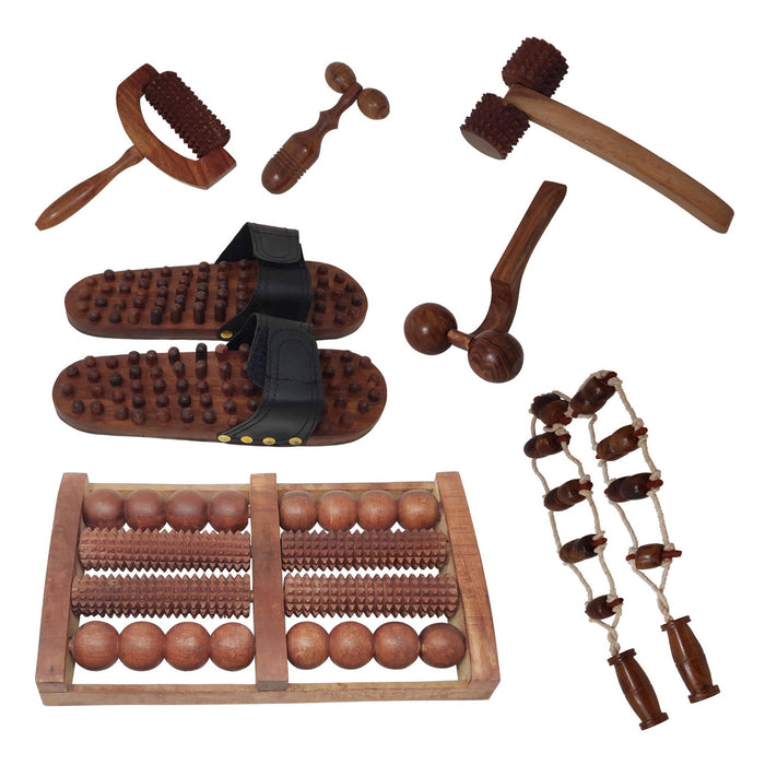 Complete Kit of 7 Pc Wooden Acupressure Massager Set (Foot / Feet, Roller, Hand, Face, Back Cutter Massager Set )
