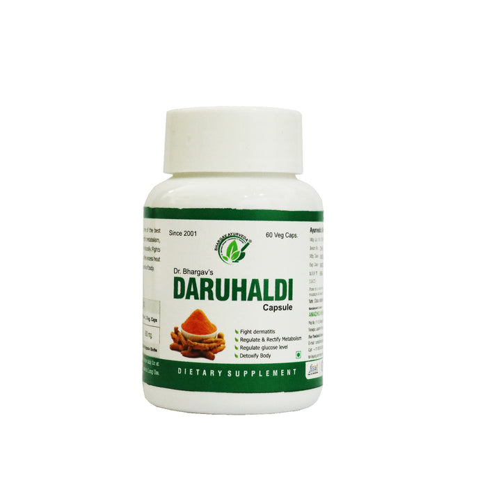 Dr. Bhargav’s Daruhaldi capsule | Regulate glucose level | Detoxify Body | Fights skin allergy | Regulate & Rectify Metabolism |Pacify excess body heat and prevent loose motion| Anti allergic and Anti Bacterial properties |Support sugar metabolism | 60 Ve