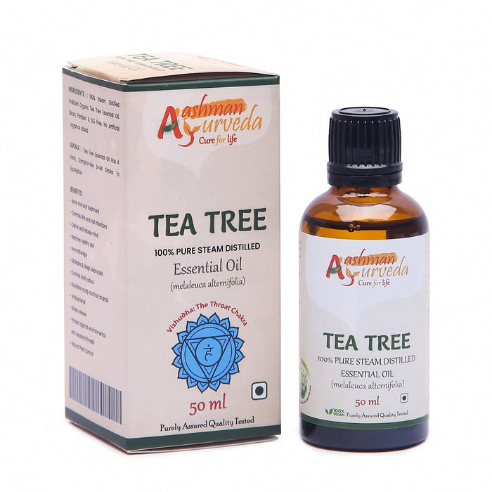 Aashman Ayrveda Cure For Life 100% Pure Steam Distilled Eseential Oil Tea Tree Melaleuca Alternifolia 100% Vegan Purity 50 ML With Veg