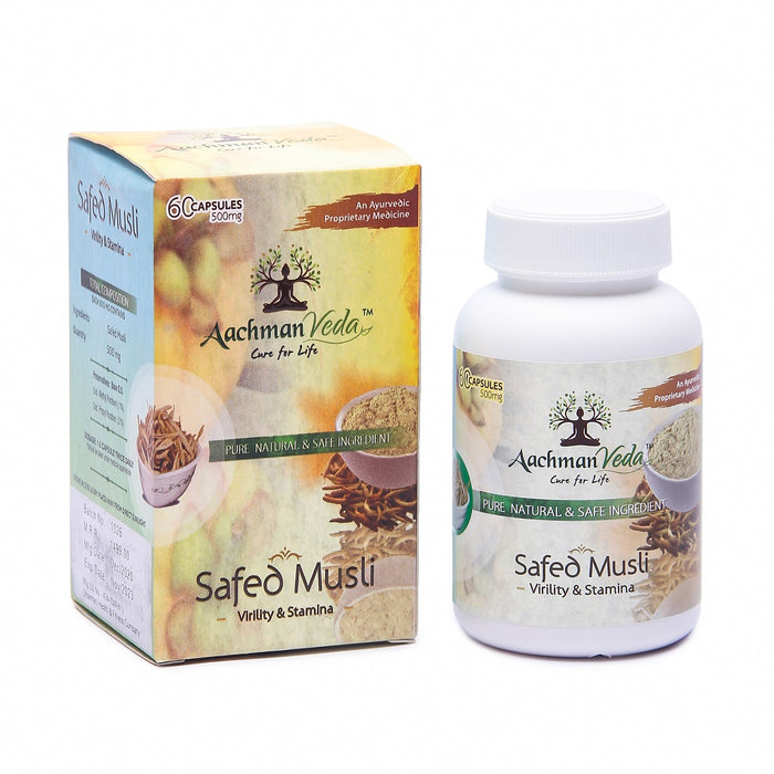 Aachman Veda Cure For Life Pure Natural Safe Ingredient An Ayurvedic Proprietary Medicine Virility & Stamina Safed Musli 60 Capsules 500 Mg With Veg