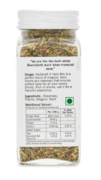 Herbkraft - 4 Herb Mix 22 GM Pack of 1 | Fresh and Natural Herbs and Seasonings | Dry Leaves | Grocery - Masala - Spices | Vegetable Stir Fry - Pizza - Pasta - Bread | No Added Colour and Flavour