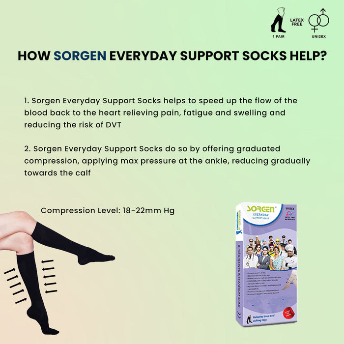 Sorgen Everyday compression socks for daily use. Reduces leg pain, calf pain, leg swelling and enhances lifestyle. Ideal health gift for everyone Black