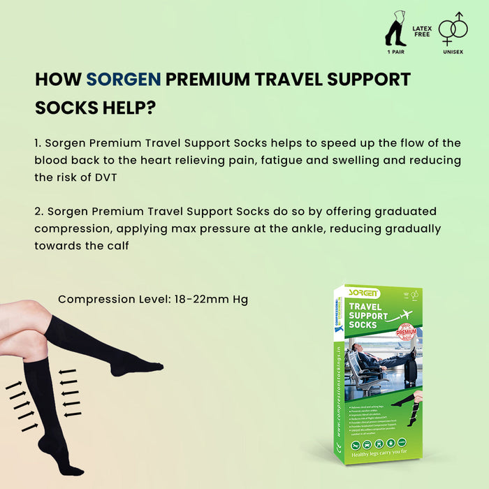 Sorgen Premium Travel Support Socks Flight Socks relieves tired and aching legs, pain and swellings, prevents flight-related DVT Black