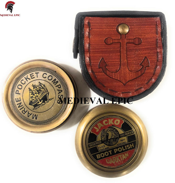 Antique JACKO BOOT POLISH Marine Pocket Brass Compass Engraved Inside the Lid