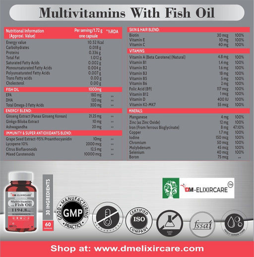 DM ElixirCare Multivitamin with Omega 3 Fish Oil 1000mg with 30 Ingredients for Immunity, Energy, Bone & Joint Health - 120 Softgel Capsules - Local Option