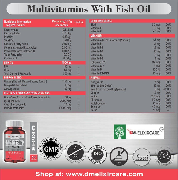 DM ElixirCare Multivitamin with Omega 3 Fish Oil 1000mg with 30 Ingredients for Immunity, Energy, Bone & Joint Health - 180 Softgel Capsules - Local Option