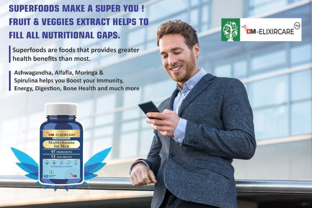 DM ElixirCare Multivitamin for Men for Immunity & Energy with 67 Ingredients |Multi Vitamins, Minerals, Probiotics, Superfoods, Fruits & Vegetable Blend– 120 Veg Tablets - Local Option