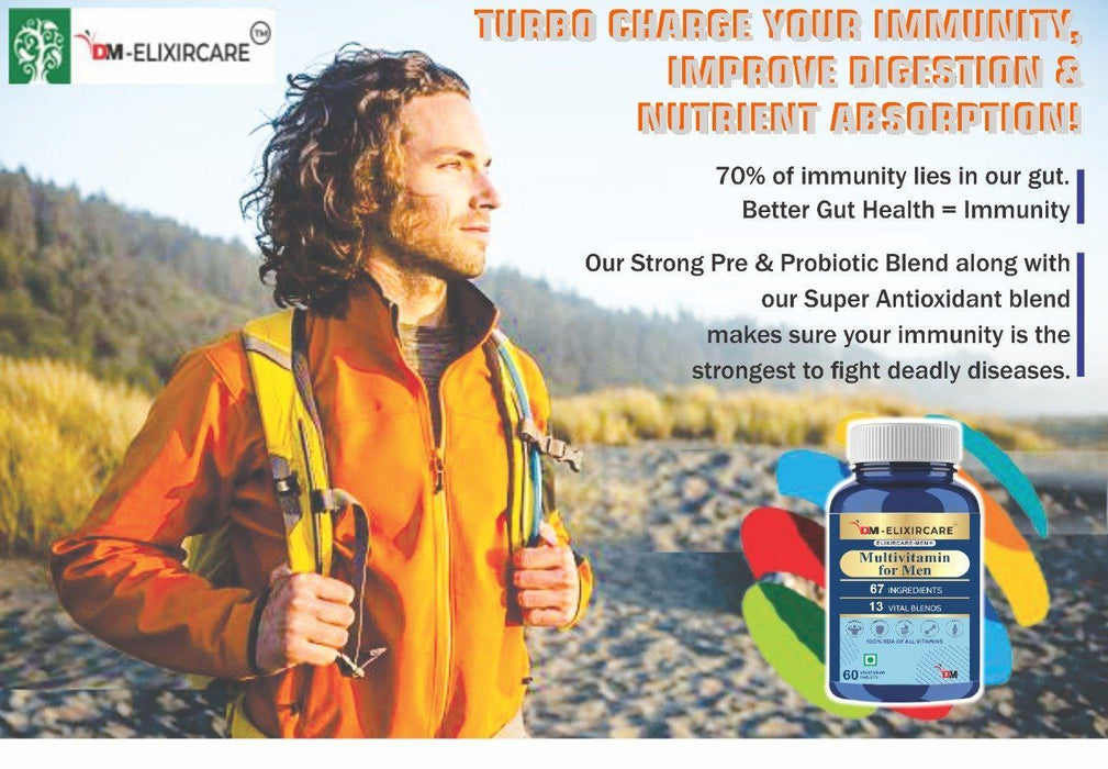 DM ElixirCare Multivitamin for Men for Immunity & Energy with 67 Ingredients |Multi Vitamins, Minerals, Probiotics, Superfoods, Fruits & Vegetable Blend– 120 Veg Tablets - Local Option
