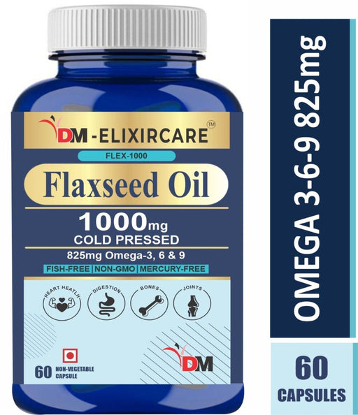 DM ElixirCare Flaxseed Oil 1000mg | Omega 3, 6 & 9 | Cold Pressed | Organic Supplement – 60 Capsules - Local Option