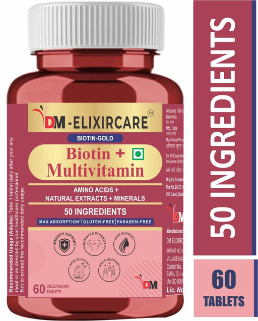 DM ElixirCare Biotin with Multivitamin | Aloe Vera, Keratin & Bamboo Extract | Hair Growth, Repair and Glowing Skin | 60 Tablets - Local Option