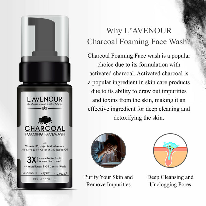 L'avenour Charcoal Foaming Facewash for Dirt Removal and Instant Brightening | Pollution & Oil Control | Daily-use Face Wash for Glowing Skin - 100ml (Pack of 2)