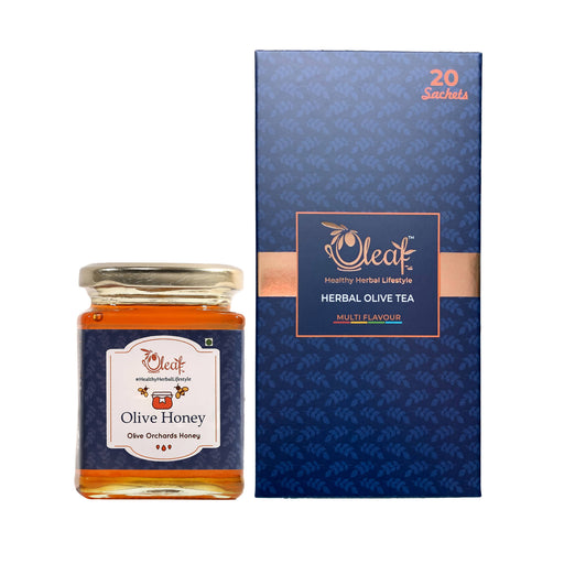 Oleaf Combo 5 (Herbal Olive Tea Multi flavour 20 tea bags bundle with Olive Orchards Honey 350 g) - Local Option