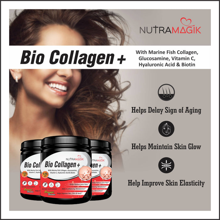 Nutramagik Bio Collagen Plus with Marine Collagen,Glucosamine, Hyaluronic Acid,Vitamin C & Biotin 125gm Orange Flavoured I Pack of 1