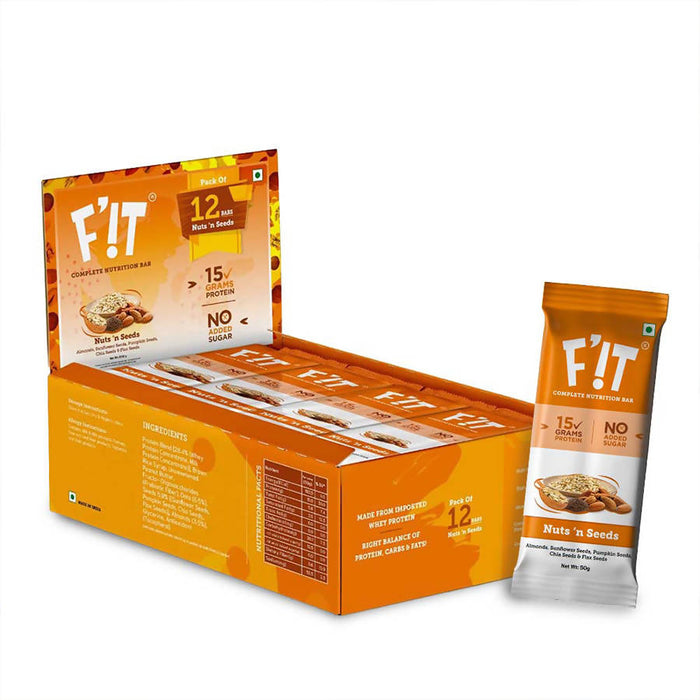 F'iT Complete Nutrition and 15g Whey Protein Bar, Nuts N Seeds | Imported Whey Protein | No Added Sugar | Pack of 12 Protein Bars x 50g