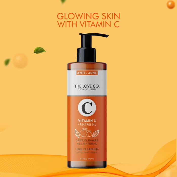 THE LOVE CO. Vitamin C + Tea Tree Oil Face Cleanser - Clean & Brightens Skin - Instant Glow & De-Tans - Reduce Sun Damage - Cleanser for Oily, Dry, and Sensitive Skin - Chemical Free Face Wash - 200Ml