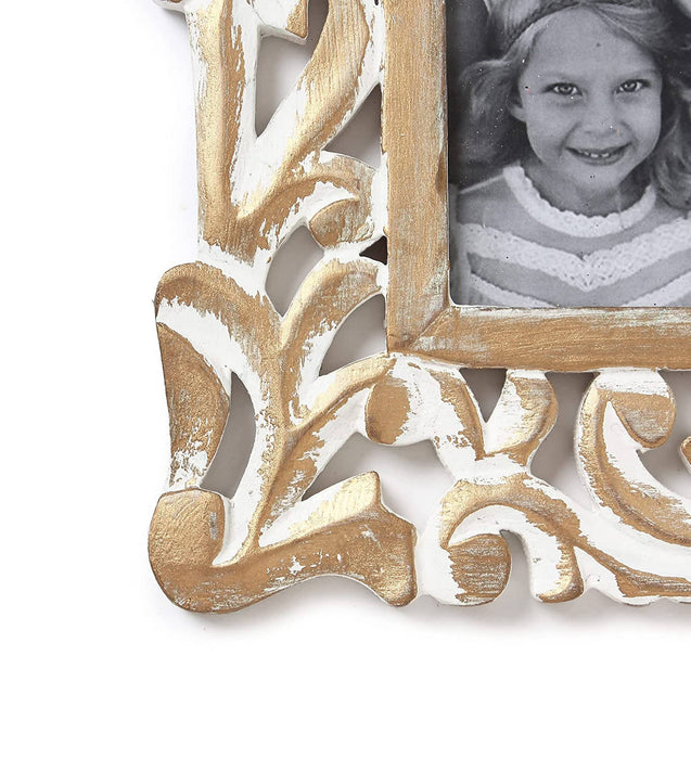 Yatha Single Table Top Wooden Carved Rectangle Photo Frame in White and Gold Color (Photo Size : 5 X 7 INCH)
