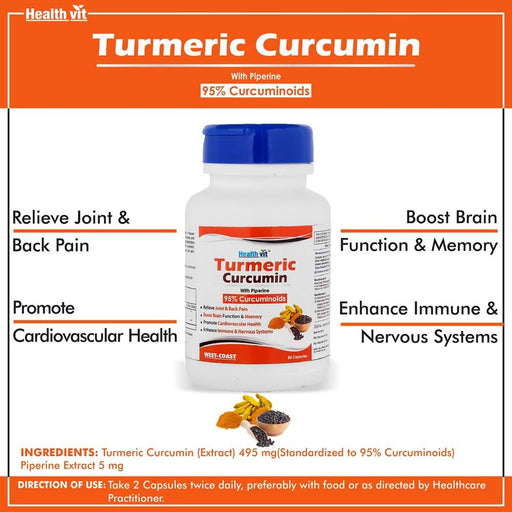 Healthvit Turmeric Curcumin Extract With Piperine Extract 60 Capsules (95% Curcuminoids) For Immune & Nervous System - Local Option