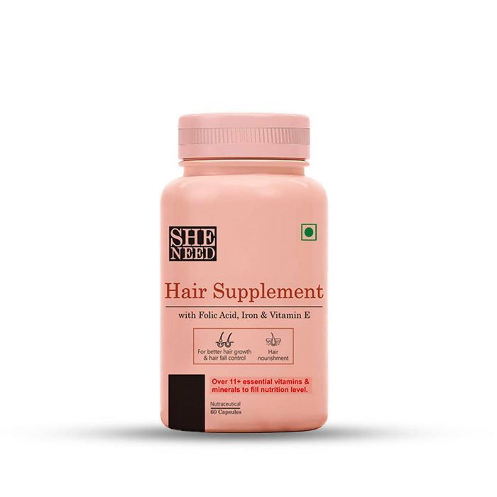 SheNeed Hair Supplement With 11+Nutrients, Vit-B9 & Vit-E for Hair Texture & Hair Fall Control - 60 Capsules