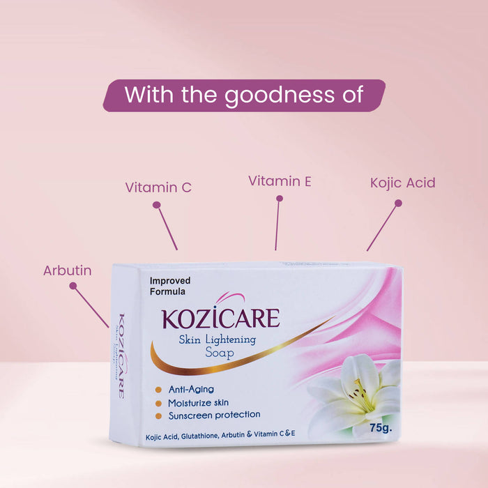 Kozicare Skin Lightening Soap with Kojic Acid, Glutathione, Arbutin, Vitamin C & E - 75g (Pack of 6)