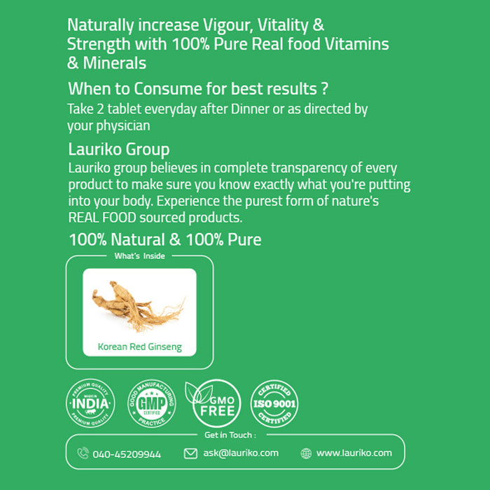 Laurik Koren Red Ginseng 1000mg For Men | Natural Plant-Based Supplement For Energy & Stamina | Boosts Immunity & Focus - 30 Veg Tablets