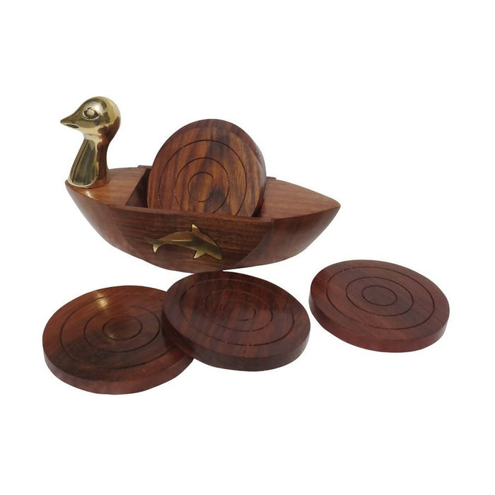 Desi Karigar® Brown & Golden Wooden Duck Shape Coaster Set Of 6