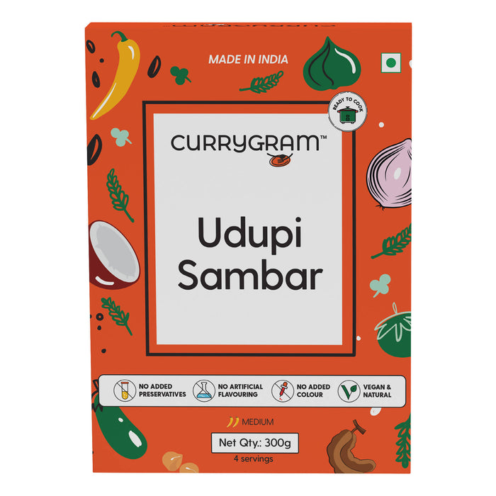 Currygram Udupi Sambar, Ready to Cook Sambar Paste, 300 GMS, All Natural Ingredients, no preservatives and Artificial Colours Added, Medium Spicy, Serves 4