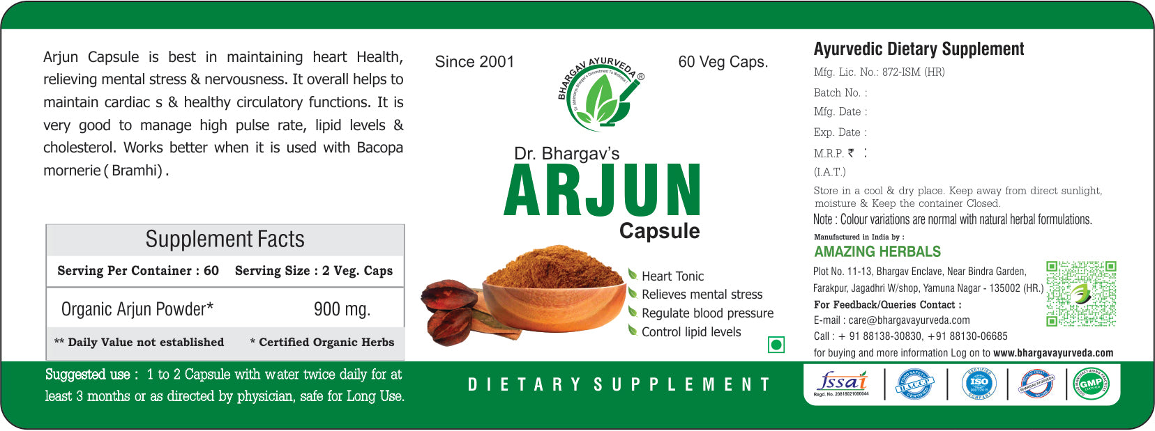 Dr. Bhargav’s –Arjun Capsule | Relieves Mental Stress| Best Cardio Vascular tonic |Relives insomnia & fatigue | Regulate Blood Pressure | Heart Tonic | Strengthens heart & cardiac muscle | Maintain & Harmonize Low BP with Puskarmool| Accelerate bone cells
