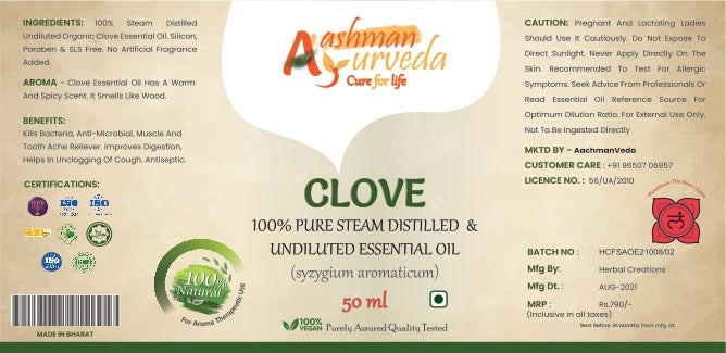 Aashman Ayurveda Cure For Life 100% Pure Steam Distilled & Undiluted Essential Oil Clove Syzgium Aromaticum 100% Vegan Purityth Veg