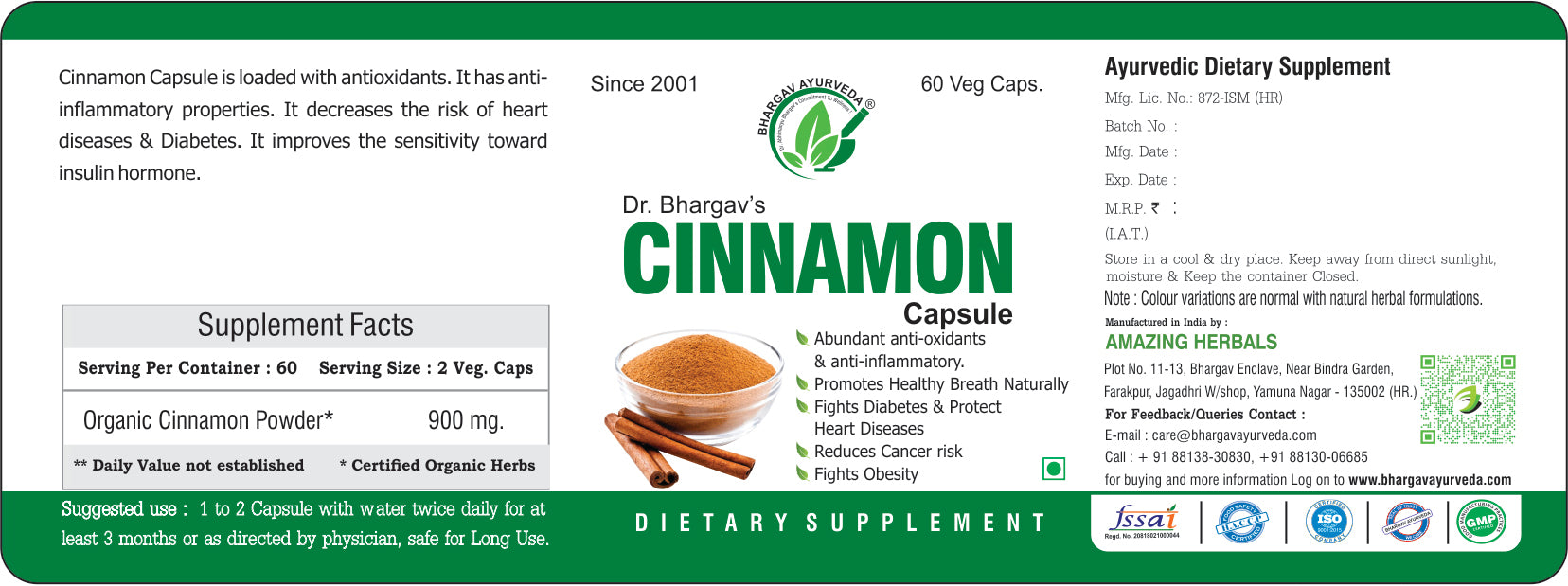 Dr.Bhargav’s CinNAmon Capsule| Promotes Healthy Breath NAturally| Fights bad smell of mouth| Reduces Cancer risk| Fights Diabetes more with Dr.Bhargav’s Madhu Jeevan Ras |Protect Heart Diseases| Fights Obesity| Reduces cholesterol| (60 Capsule)
