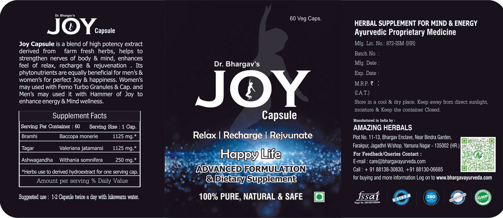 Dr. Bhargav’s – Joy tablet for Relax, Recharge & RejuveNAte |Relieves stress & calms mind |100% NAtural & pure ayurvedic Formulation |Fights Stress| MaNAge Insomnia | Fights depression when taken together with Dr. Bhargav’s Femo-turbo Capsule| 60 Tablet