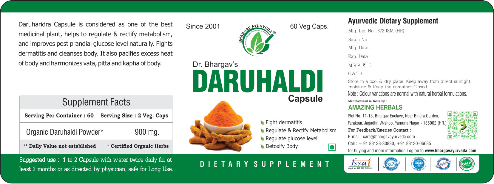 Dr. Bhargav’s Daruhaldi capsule | Regulate glucose level | Detoxify Body | Fights skin allergy | Regulate & Rectify Metabolism |Pacify excess body heat and prevent loose motion| Anti allergic and Anti Bacterial properties |Support sugar metabolism | 60 Ve