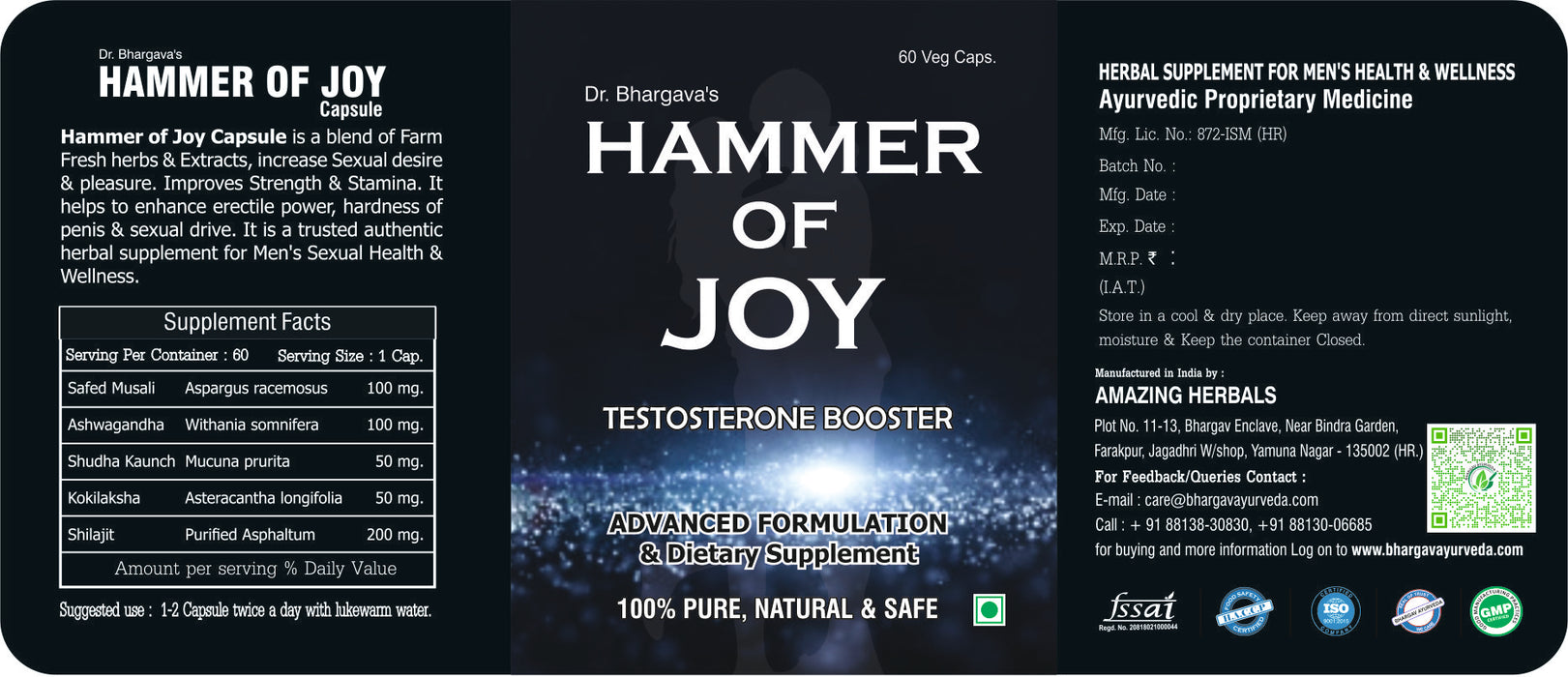 Dr. Bhargav’s – Hammer of joy capsule for NAtural Testosterone Booster | Enhances Energy & StamiNA| useful in sexual weakness| Best Erectile Dysfunction medicine |Effective in premature ejaculation| 100% NAtural & safe Ayurvedic medicine| Best effect in S