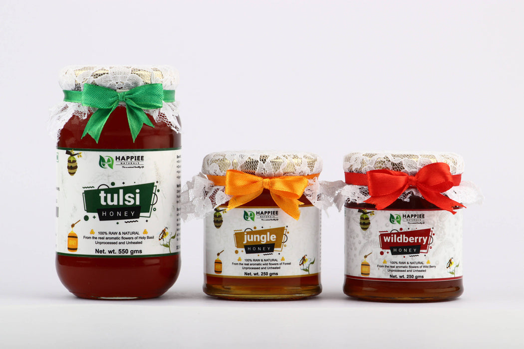 HAPPIEE NATURALS HONEY | WALLET SAVER COMBO - JUNGLE(250GMS) + TULSI(550GMS) + WILDBERRY(250GMS) - Local Option
