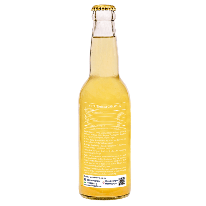 Healthy Gut Kombucha Lemongrass Ginger 330ml (Vegan, Un-pasteurized, Gluten-Free, Hand-Crafted, Farm Sourced, Organic Ingredients, No Fake Sweetner, Low in sugar, Non GMO, Rich in Vitamins)