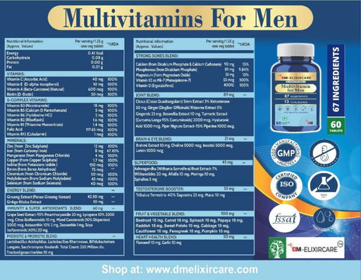 DM ElixirCare Multivitamin for Men for Immunity & Energy with 67 Ingredients |Multi Vitamins, Minerals, Probiotics, Superfoods, Fruits & Vegetable Blend– 60 Veg Tablets - Local Option
