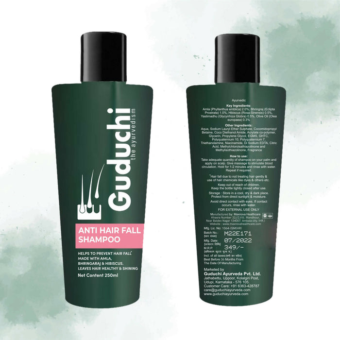 Guduchi Ayurveda Anti Hair Fall shampoo made from Amla, Bhringaraj and Hibiscus | SLS & Paraben FREE | Natural Actives | 250ML