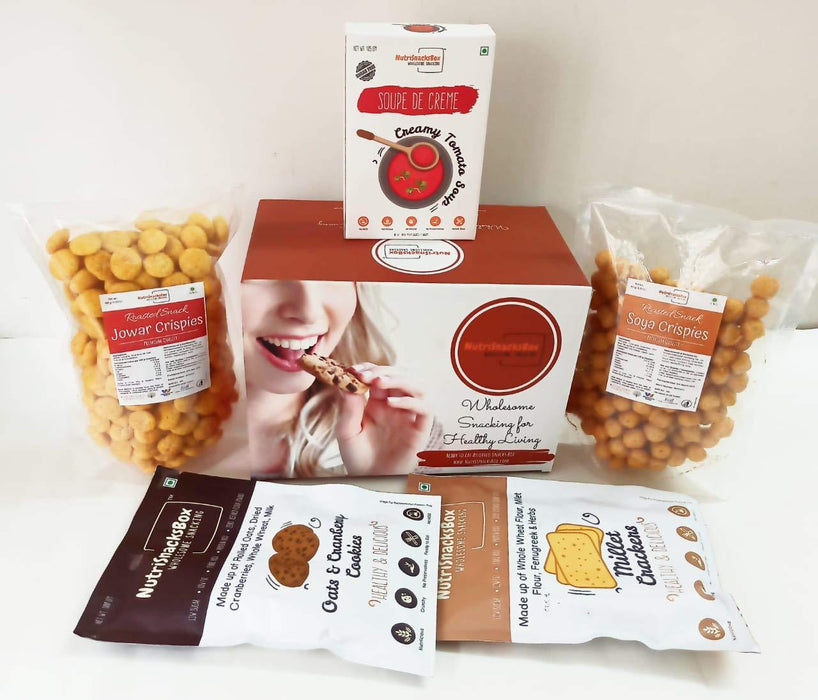 Nutrisnacksbox Healthy Snack Pack Combo of 5, Sugarfree Instant Tomato Soup, Spicy Roasted Jowar Crispy, Tangy Roasted SOYA Crispies, Jaggery Based Oats Cranberry Cookies and Crunchy Khakra.