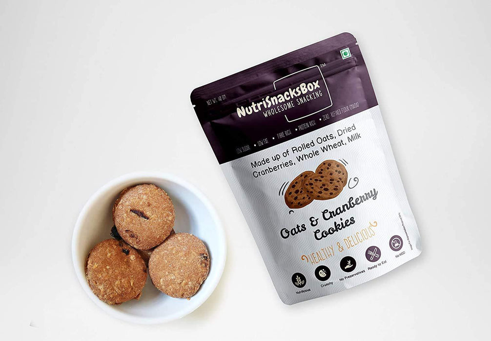 Nutrisnacksbox Healthy Snack Pack Combo of 5, Sugarfree Instant Tomato Soup, Spicy Roasted Jowar Crispy, Tangy Roasted SOYA Crispies, Jaggery Based Oats Cranberry Cookies and Crunchy Khakra.