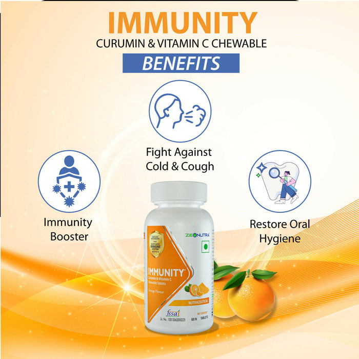 Zeon (A Promise of Good Health) Zeonutra Nano Curcumin and Vitamin C Orange Flavoured Immunity Chewable Tablets for Kids & Adults - 60 Immunity Booster Supplement Tablets for Daily Immune Support