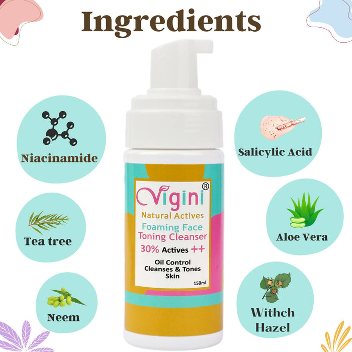 Vigini 45% Actives Marine Algae Clay Face Pack Mask & 30% Actives Foaming Toner Cleanser Wash Anti Acne Kit Oily Prone Skin Removes Pimples Blackheads Dries Blemishes Unclog Pore Fade Scars Men Women