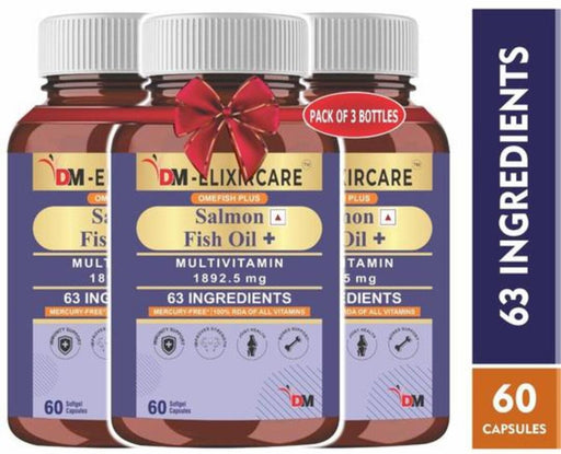 DM ElixirCare Multivitamin with Salmon Fish Oil 1000mg with Omega 3 - DOUBLE STRENGHT SALMON FISH OIL - 63 Ingredients, 11 Blends for Weight Management, Strength, Bone & Joint Health - 180 So