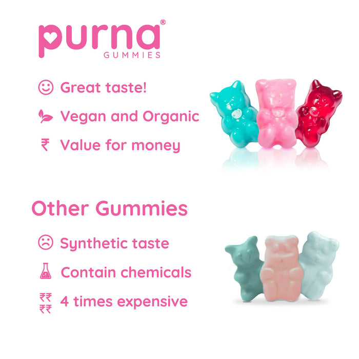 Purna Complete Beauty Multivitamin Strawberry Gummies for Adults & Kids (Vitamins A, C, D, E, B12 and 8 Minerals), 1 Month Pack, 30 Gummy Bears (1 per day)