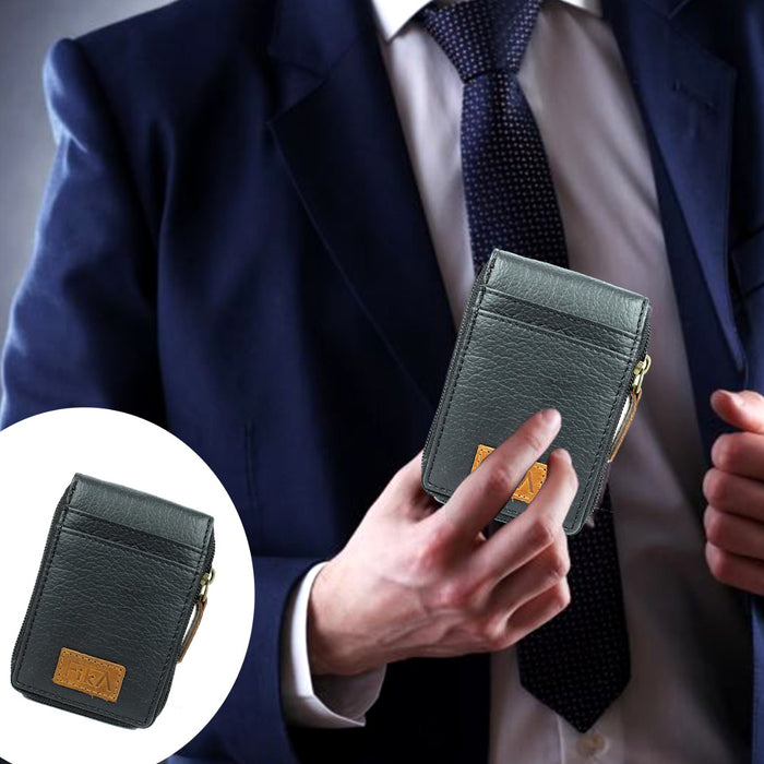 FIKA - RFID Blocking 13 Slot Vertical PU/Faux Leather Pocket Sized Business/Credit/Debit/ATM Zipper Card Holder, Money Wallet, Office Purpose Zipper Coin Purse for Men & Women (Black 7.5 X 2.5 X 11 cm) (Black)