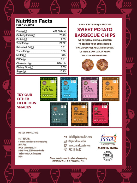 Prime Foods Sweet Potato Barbecue (BBQ) Chips | Crispy Vacuum Fried Chips | Vegan | Gluten Free | Rich in Fiber | Healthy Snack | 70 Grams Each