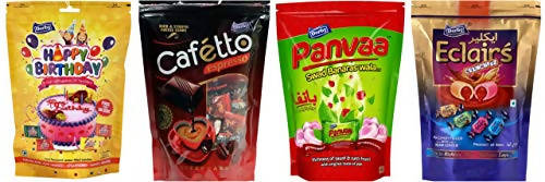 Derby Happy Birthday Mixed Fruit Candy, Cafetto Coffee Candy, Assorted Cream Centre Eclairs and Panvaa Candy Pack of 4 / Birthday Party Pack / Return Gifts to Your Family & Friends