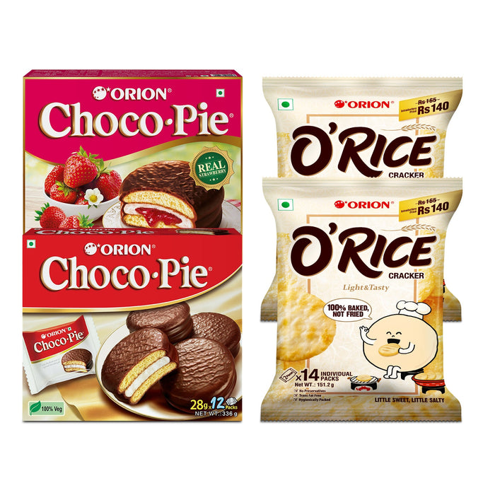 Orion Assorted Pack of 4 - Original Choco Pie 12p, Strawberry Choco Pie 12p & O'Rice cracker 14px2