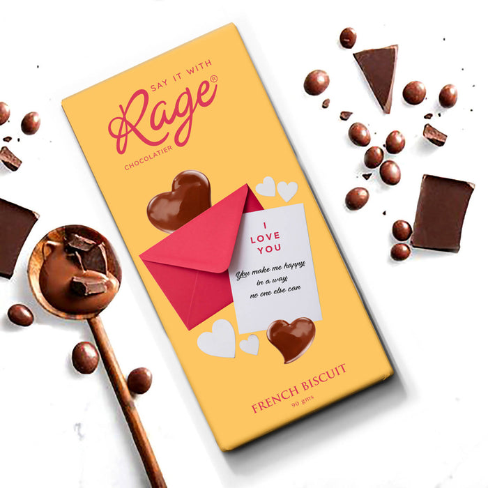 Rage Chocolatier I Love You, You Make me Happy in a Way, French Biscuit Chocolate Bar, 90 gm - Local Option